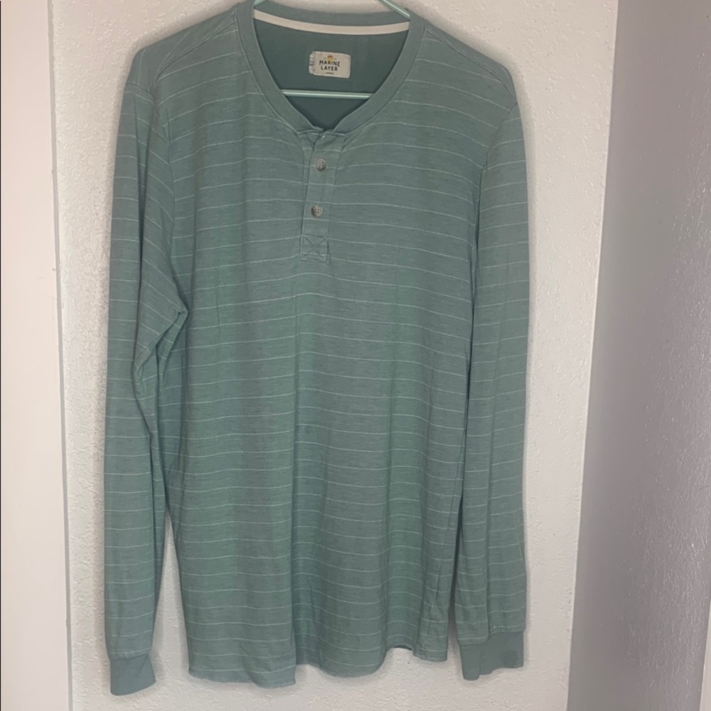 Marine Layer Sage Green Subtle Striped Henley Long Sleeve Shirt Double Knit Lrg